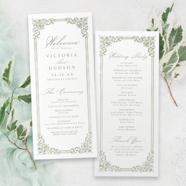 Vintagen Ram Elegant Grönt  Bröllop Program (Sage Green Vintage Frame Elegant Script Wedding Program)