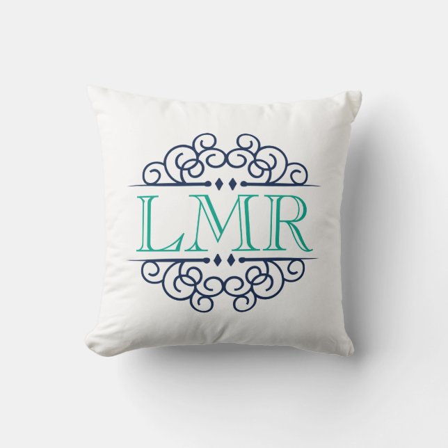 Vintagen Ram Monogrammed marin och Emerald Grönt Kudde (Framsida)