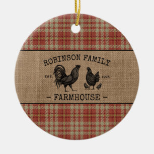 Vintagen Red Play Burlap för familjens Namn-lantg Julgransprydnad Keramik