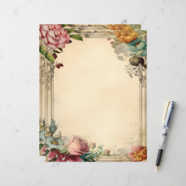 Vintagen rosa Gult Blue Blommigt Junk Journal (Fram/Back In Situ)