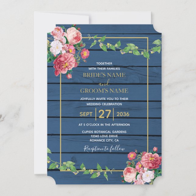 Vintagen Rosa ros och Bröllop i Guld Inbjudningar (Framsida)