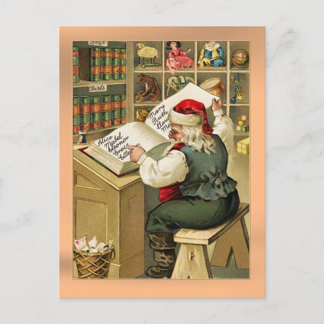 vintagen "Santa's List" Helg Vykort (Framsida)