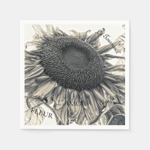 Vintagen Sepia Decoupage-skript för Giant Sunblomm Pappersservett