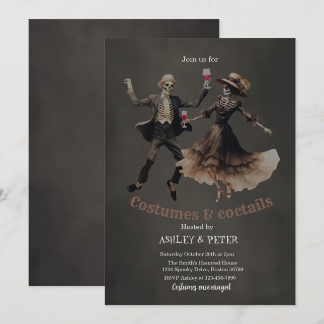 Vintagen Skeleton Halloween Inbjudningar (Fram/baksida)