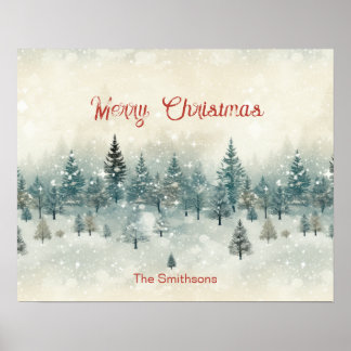 Vintagen Snowy Gräs Träd Poster