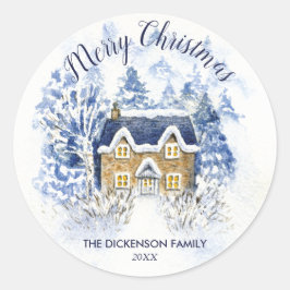 Vintagen Täckt med vattenfärg Snö-täckt  Tag jul Runt Klistermärke