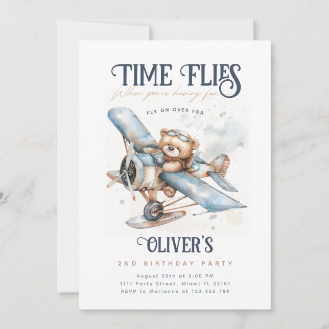 Vintagen Tidsplan Flygplanets Nalle  födelsedag Inbjudningar (Framsida)