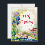 Vintagen Waterlilies och Iris Flowers i 75:e Inbjudningar<br><div class="desc">75:e födelsedag vintage, lilja dynor och iris blommor anpassningsbar inbjudan. Mall för inbjudan till anpassningsbar för kvinnors elegant, personlig, blommigt födelsedagsfest firande, med vackra, antika och botaniska konstillustrationer av en blå 75:e-damm med vintage vattenlök och blåa iris-blommor. Whimsical, finare, curly, swirly, cursive, calligraphy script anpassade rosa font. Snyggt, finare, klasser,...</div>