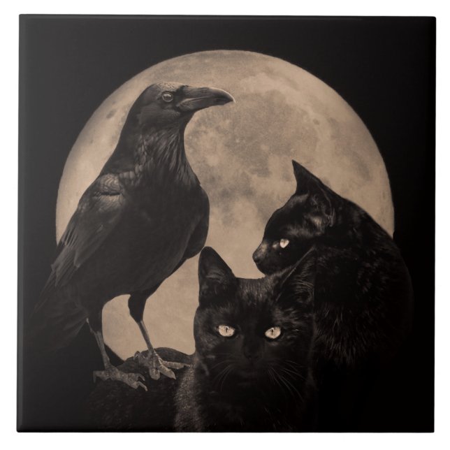 Vintagen Wicca Cat, Raven och Måne Kakelplatta (Framsidan)
