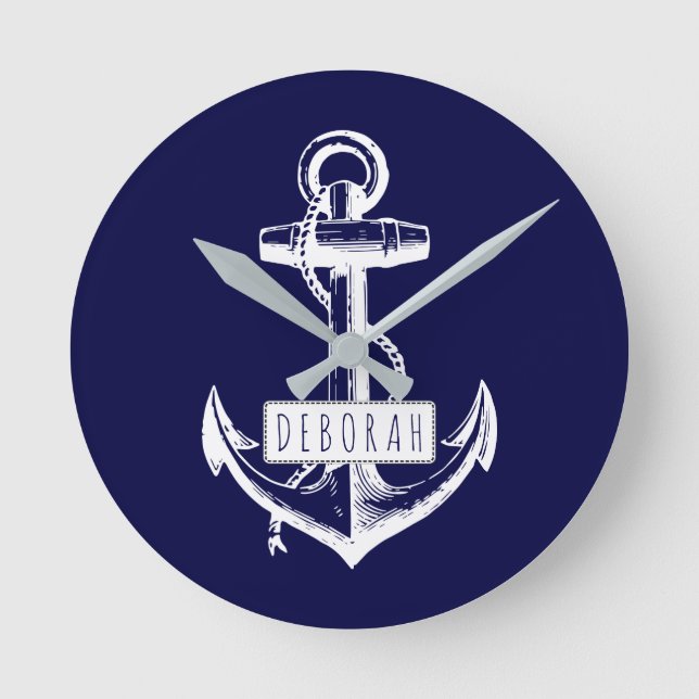 Vintagens ankare och marinblått nautiska namn  rund klocka (Framsida)