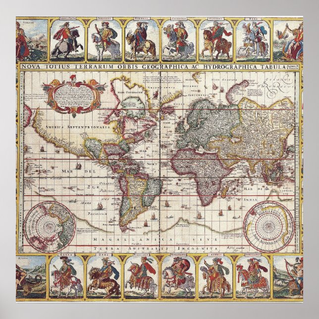 Vintagens antika gamla världskarta, uttonad utskri poster (Framsidan)