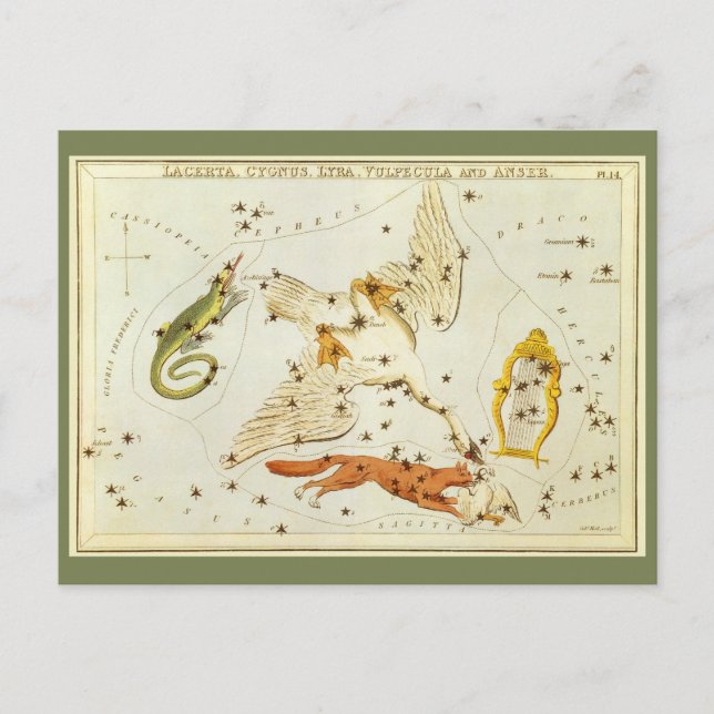 Vintagens astronomi, konstellationen Stars Chart K Vykort (Framsida)