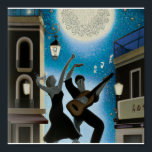 Vintagens blå och vita digitala deco poster<br><div class="desc">En Art deco poster om ett par som dansar på en gata vid midnatt i Sevilla,  Spanien.</div>