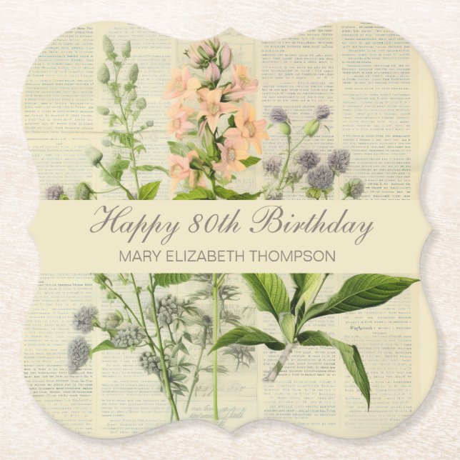 Vintagens Blommigt 80:e födelsedagen Underlägg Papper (Framsida)