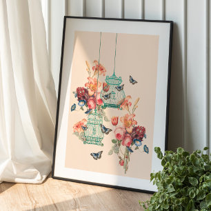 Vintagens Blommigt Bouquet och Vintagens fåglar Poster
