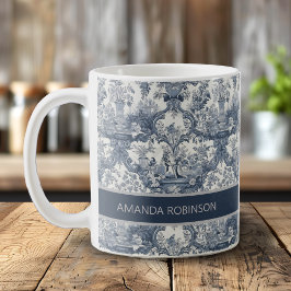 Vintagens blommigt, damm Blå toile de jouy monogra Kaffemugg