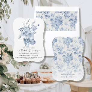 Vintagens Blommigt Elegant Blå n Vit Möhippa Inbjudningar