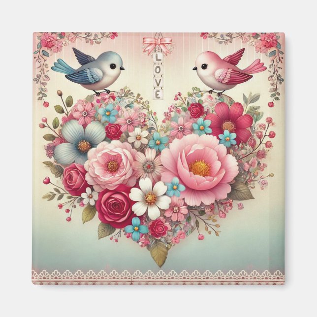 Vintagens blommigt/fågel/hjärthjärthjärtans dag magnet (Framsidan)