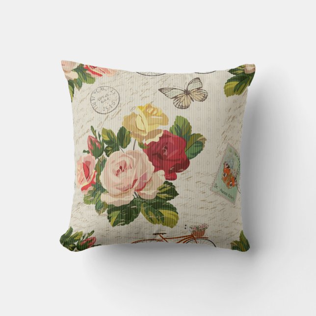 Vintagens blommigt, fjäril-elegans kudde (Framsida)
