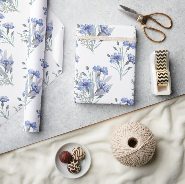 Vintagens Blommigt Kornblommans blå vattenfärg Presentpapper (Hantverk)