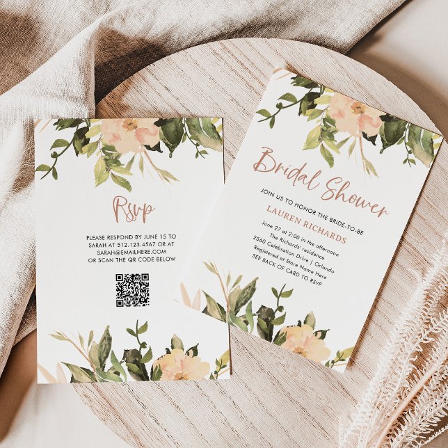 Vintagens Blommigt | Möhippa för QR-kod Inbjudningar (A pretty and elegant floral bridal shower invitation with a scannable QR code)
