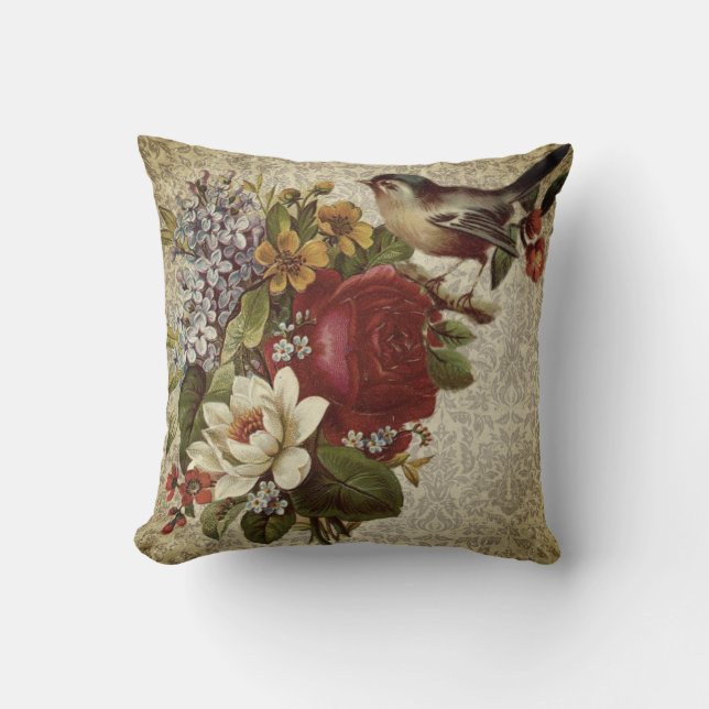 Vintagens Blommigt och fågel Kudde (Framsida)