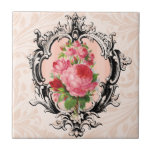 Vintagens Blommigt, panel Kakelplatta<br><div class="desc">Ornatalt graverad bakgrund av gräns,  rosa ros och blek.</div>