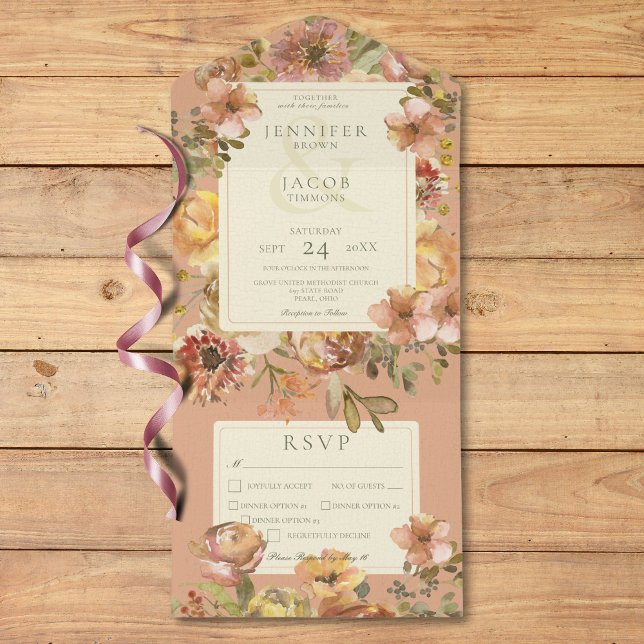 Vintagens Blommigt  Rosa och tre rost (Vintage Floral Blush Pink & Rust Three Dinner All In One Invitation)