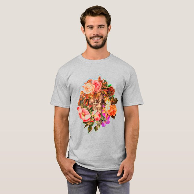 Vintagens Blommigt Skullvibrant T Shirt (Hel framsida)