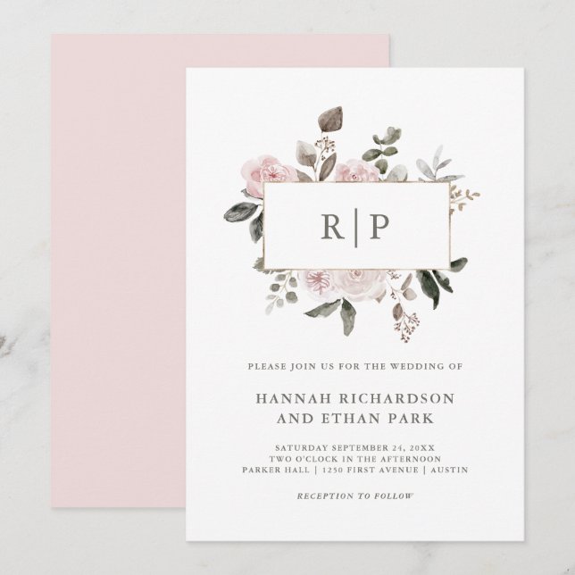 Vintagens Blommigt |  vattenfärgsmonogram Bröllop Inbjudningar (Fram/baksida)