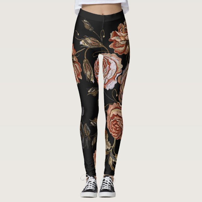 Vintagens broderier: ro på svart. leggings (Framsida)