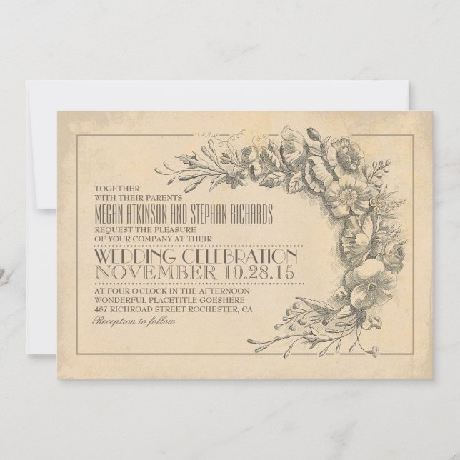 Vintagens chic bröllopsinbjudan, antika blommor inbjudningar (Framsida)