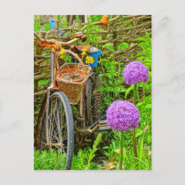 vintagens cykel i trädgården vykort (Framsida)
