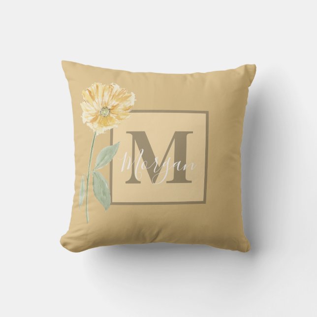 Vintagens Gult blomma Monogram Kudde (Framsida)