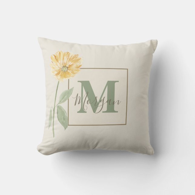 Vintagens Gult blomma Monogram Kudde (Framsida)