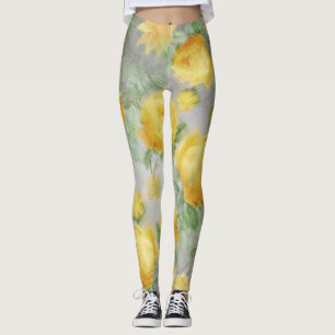 Vintagens Gult och Grått Watercolor-Blommigt Leggings