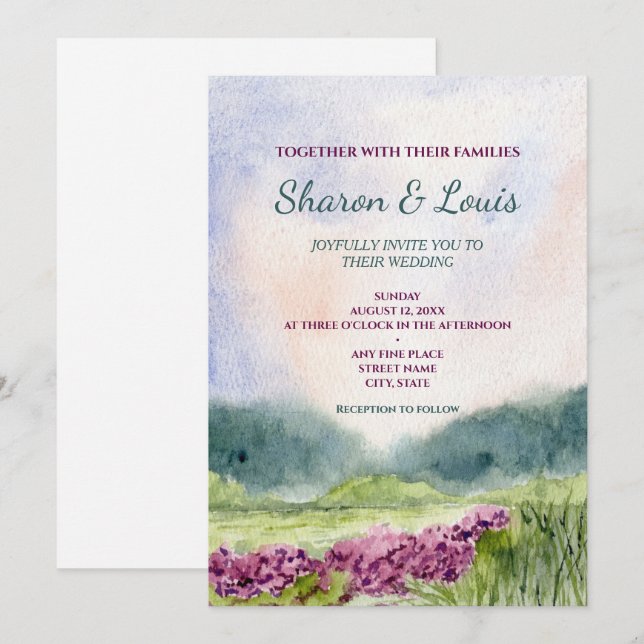 Vintagens inbjudan till vattenfärgsliggande bröllo (Fram/baksida)
