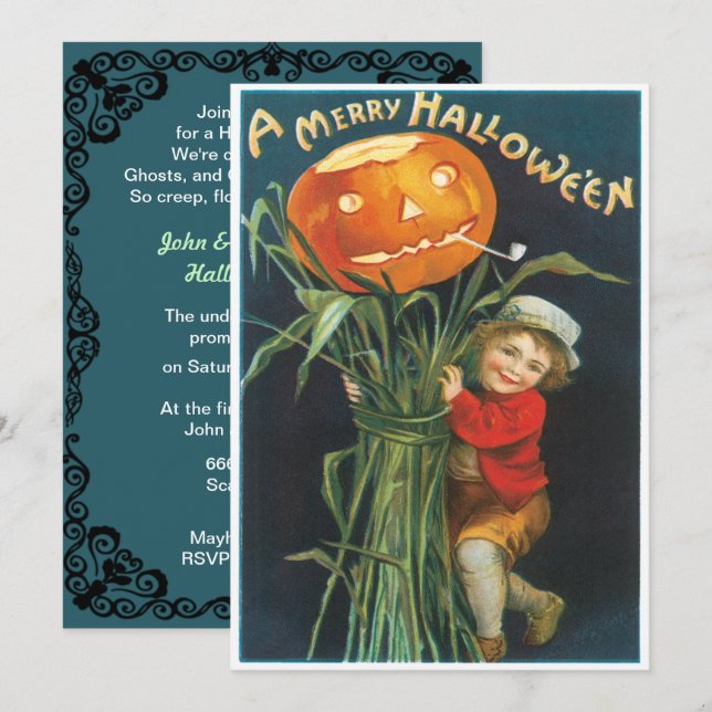 Vintagens Jack och pumpkin Stalk Halloween Inbjudningar (Fram/baksida)