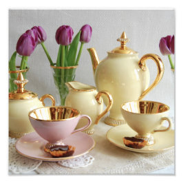 Vintagens kaffeuppsättning och tulpanteckningar fototryck