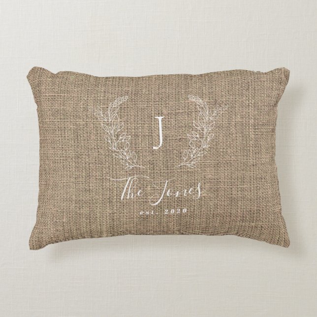 Vintagens lantbruksfamilj monogrammad jute prydnadskudde (Framsidan)