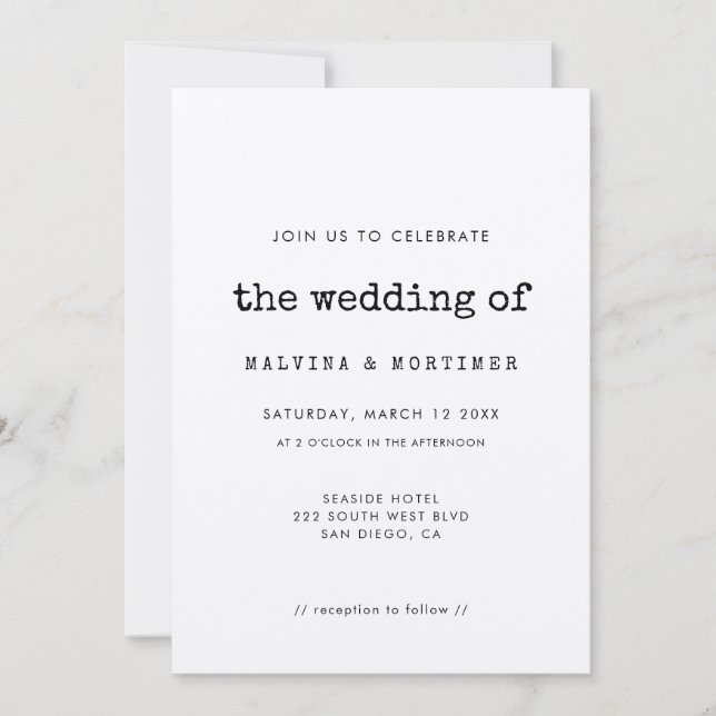 Vintagens minimalistiska skrivmaskin-bröllopsinbju spara datumet (Framsida)