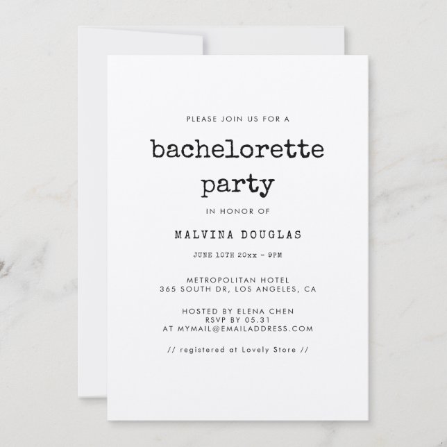 Vintagens minsta skrivmaskin Bachelorette Party Inbjudningar (Framsida)