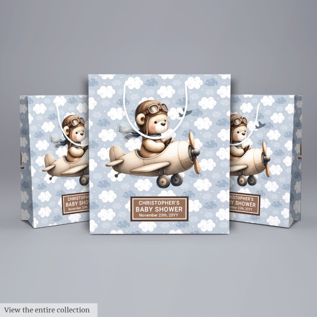 Vintagens Nalle Babyskåpa i flygplan (Vintage Airplane Teddy Bear Baby Shower Gift Bag)