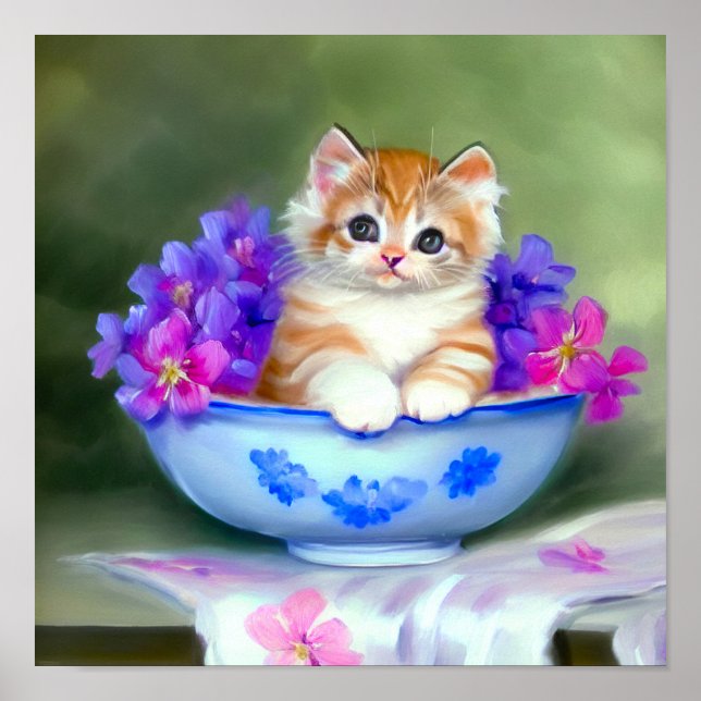 Vintagens Orange och vitkittillustration Poster (Framsidan)