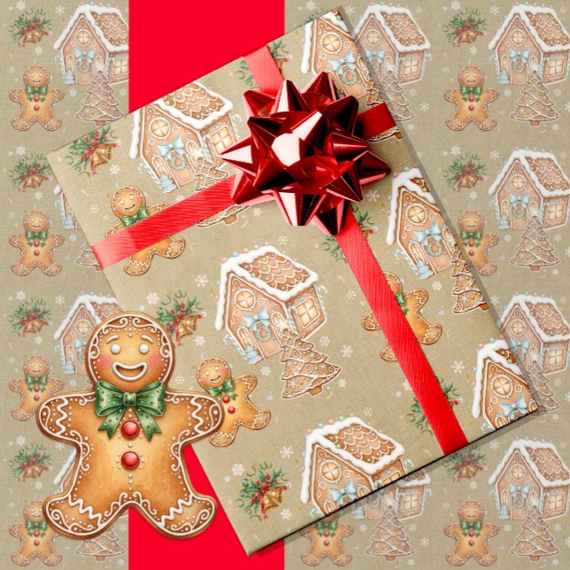 Vintagens Pepparkaksgubbe, House, Träd, jul Presentpapper (Vintage Gingerbread Man Christmas Wrapping Paper)