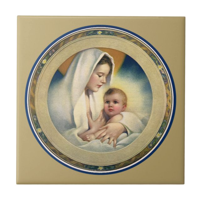 Vintagens Religiösa Jul, Madonna och Barn Kakelplatta (Framsidan)