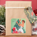 Vintagens retro jultomten Dam-dekal Fyrkantigt Klistermärke<br><div class="desc">design av www.etsy.com/Shop/VanityFlairDesign</div>