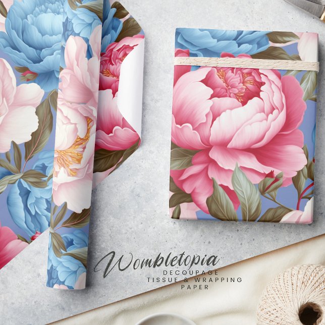 Vintagens Rosa och Blommigten Blå Peony Vår Presentpapper (Skapare uppladdad)