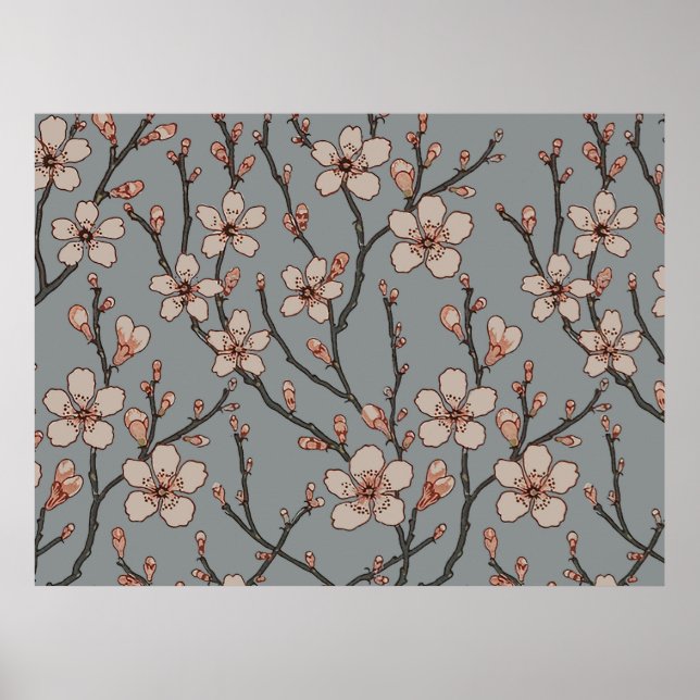 Vintagens Rosa och Grått Blommar Mönster Poster (Framsidan)