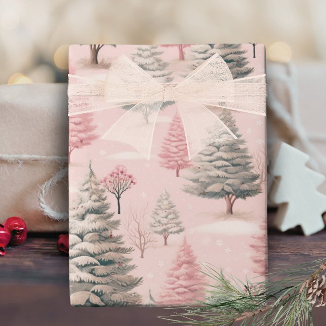 Vintagens Rosa och Grönt Gräs Träd Presentpapper (Vintage Pink And Green Christmas Pine Trees Wrapping Paper)
